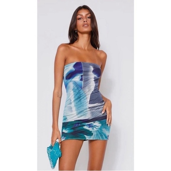 tiger mist Dresses & Skirts - Tiger Mist Cher mini dress in Artist Print Blue
Strapless Mesh Graphic Print M